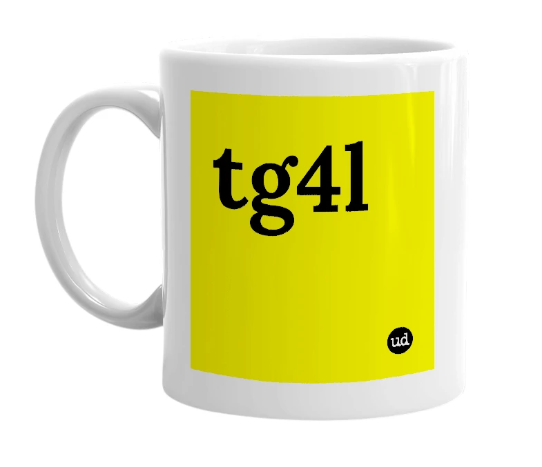 White mug with 'tg4l' in bold black letters