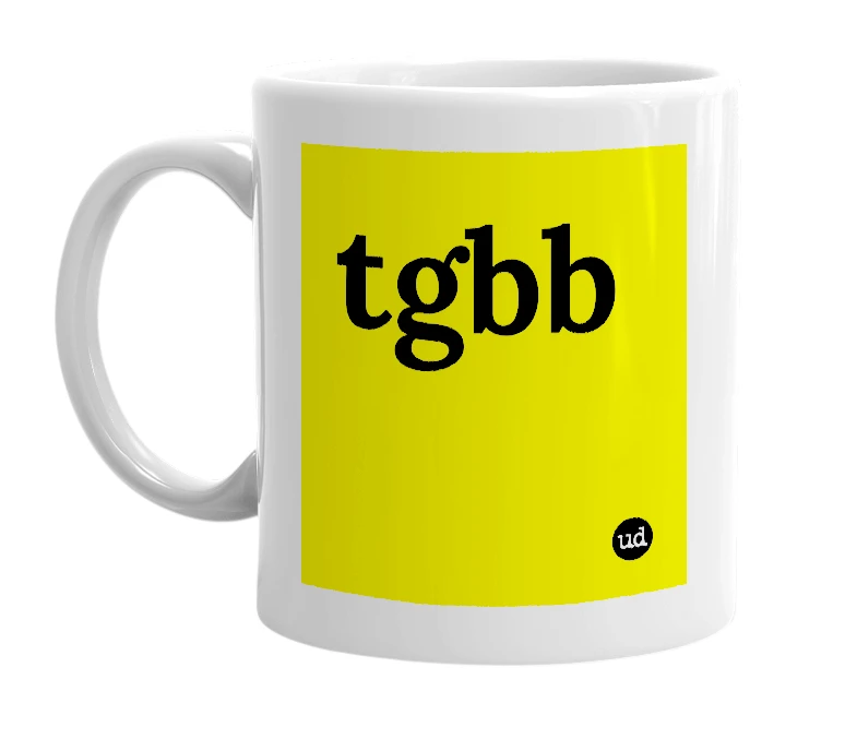 White mug with 'tgbb' in bold black letters