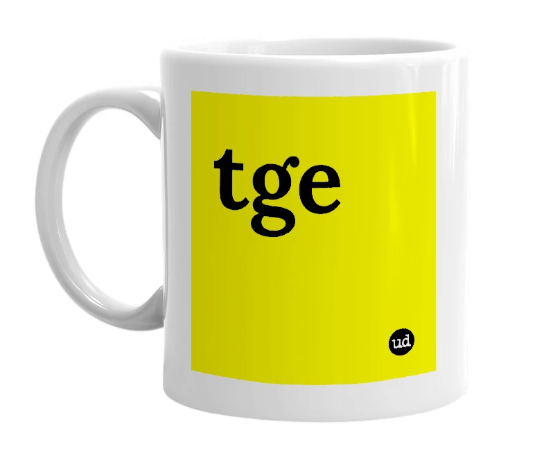 White mug with 'tge' in bold black letters