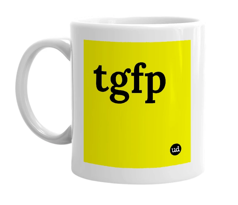 White mug with 'tgfp' in bold black letters
