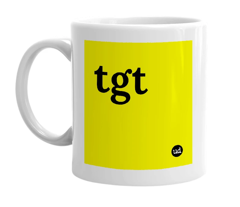 White mug with 'tgt' in bold black letters