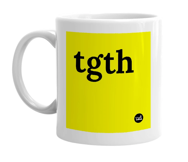 White mug with 'tgth' in bold black letters