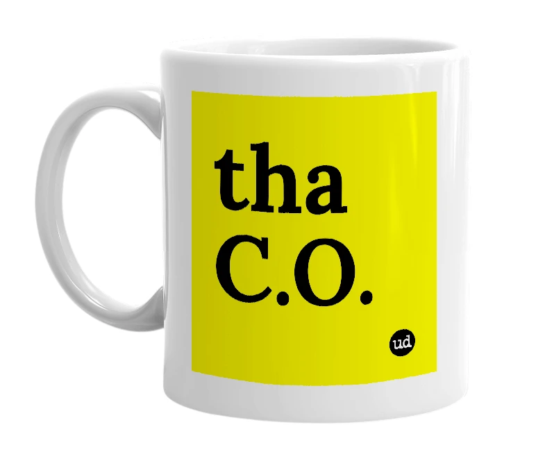 White mug with 'tha C.O.' in bold black letters