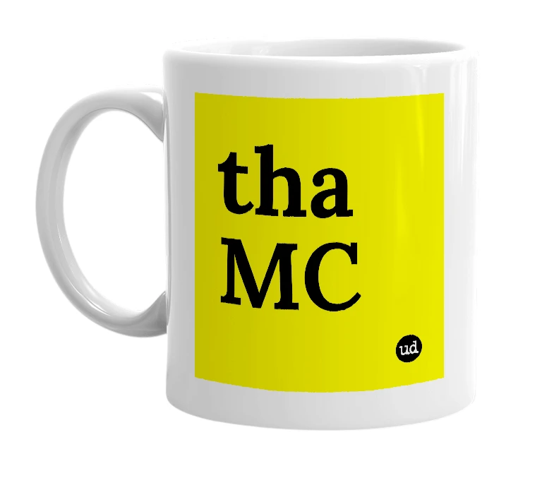 White mug with 'tha MC' in bold black letters