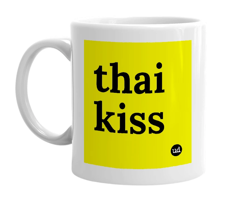 White mug with 'thai kiss' in bold black letters