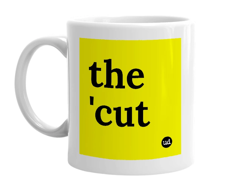 White mug with 'the 'cut' in bold black letters