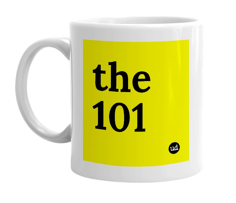 White mug with 'the 101' in bold black letters
