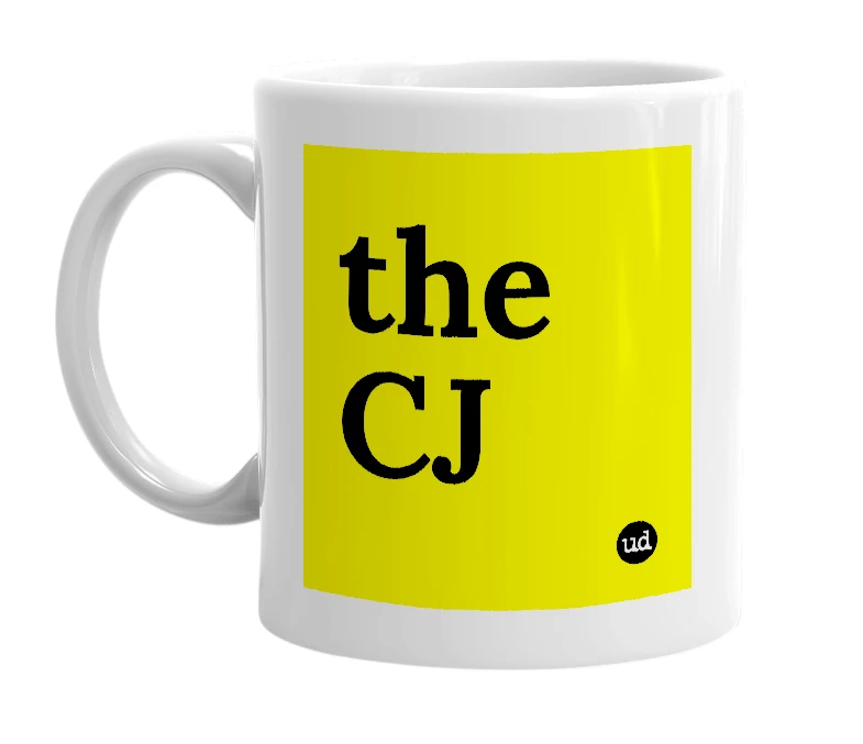 White mug with 'the CJ' in bold black letters