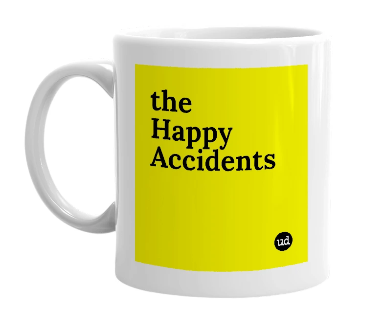 White mug with 'the Happy Accidents' in bold black letters