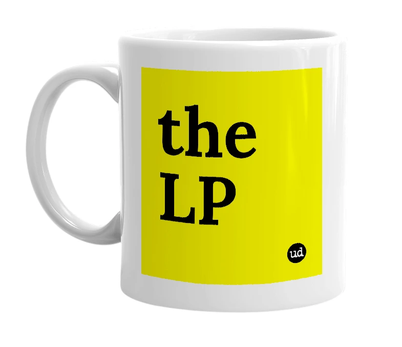 White mug with 'the LP' in bold black letters