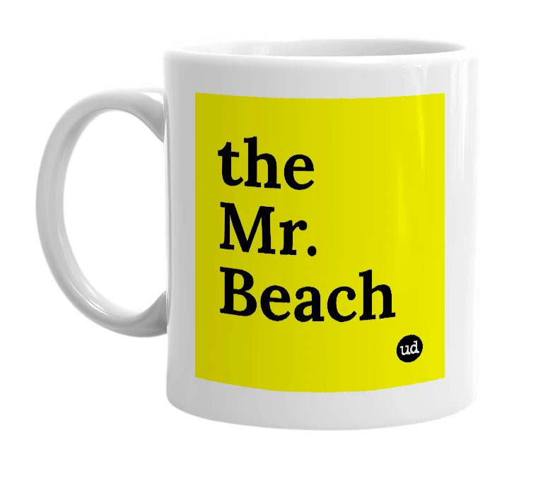 White mug with 'the Mr. Beach' in bold black letters