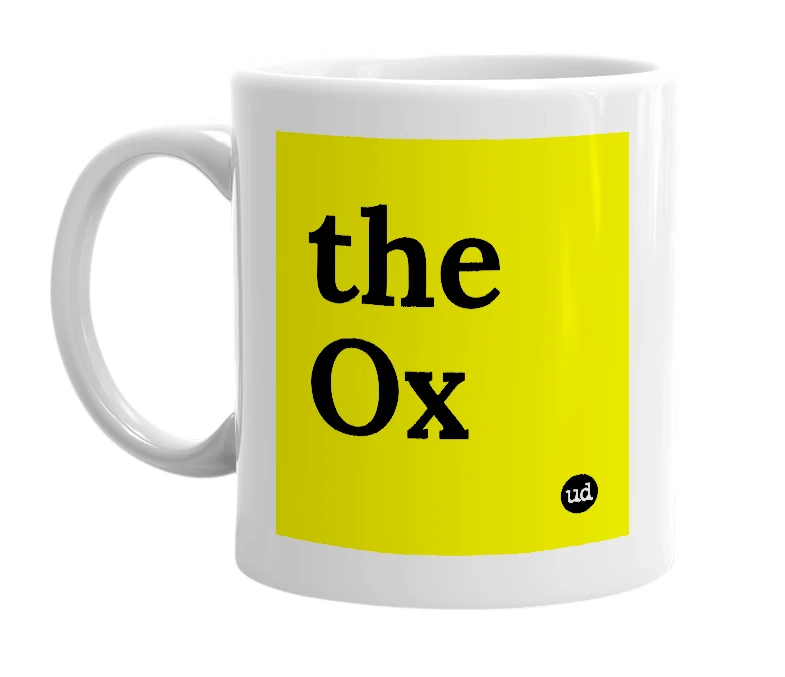 White mug with 'the Ox' in bold black letters
