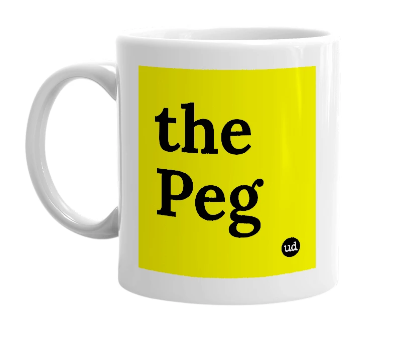 White mug with 'the Peg' in bold black letters