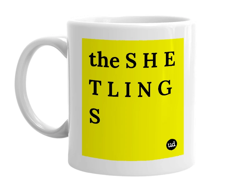 White mug with 'the S H E T L I N G S' in bold black letters