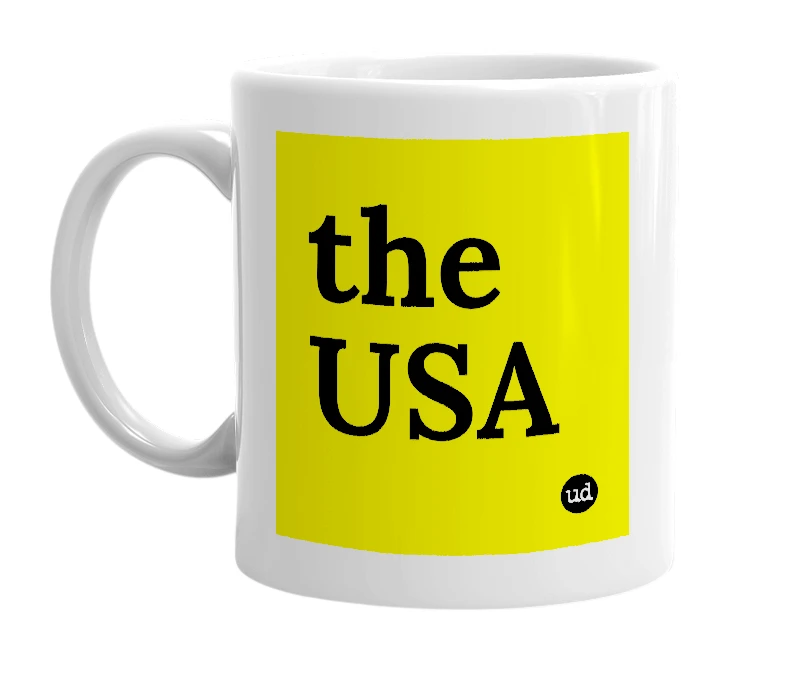 White mug with 'the USA' in bold black letters