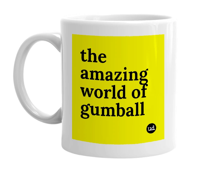 White mug with 'the amazing world of gumball' in bold black letters