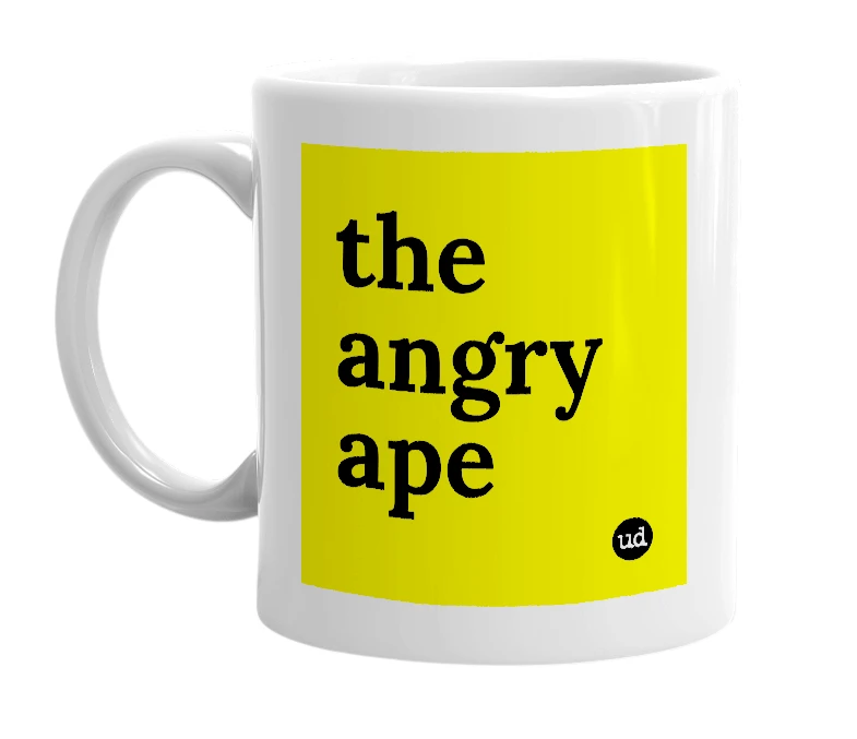 White mug with 'the angry ape' in bold black letters