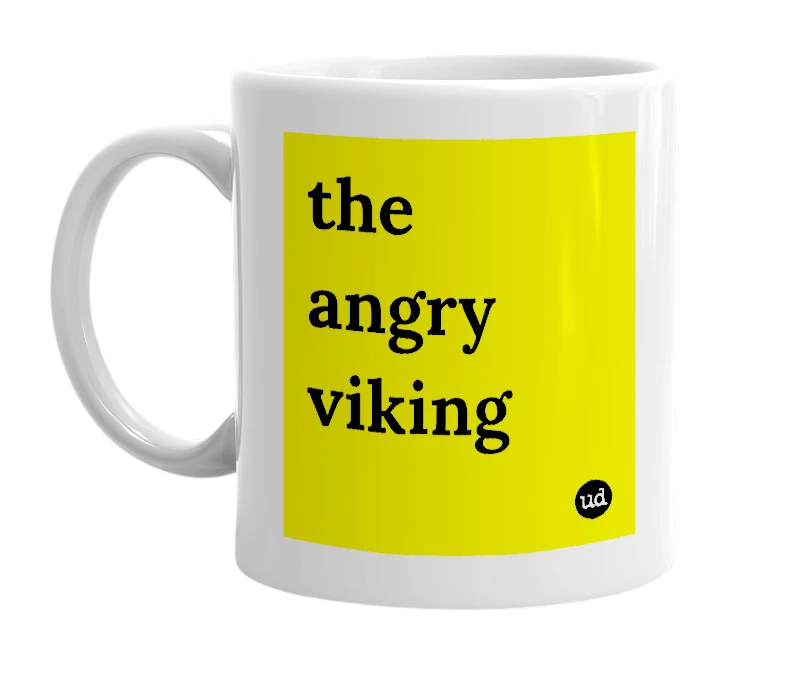 White mug with 'the angry viking' in bold black letters