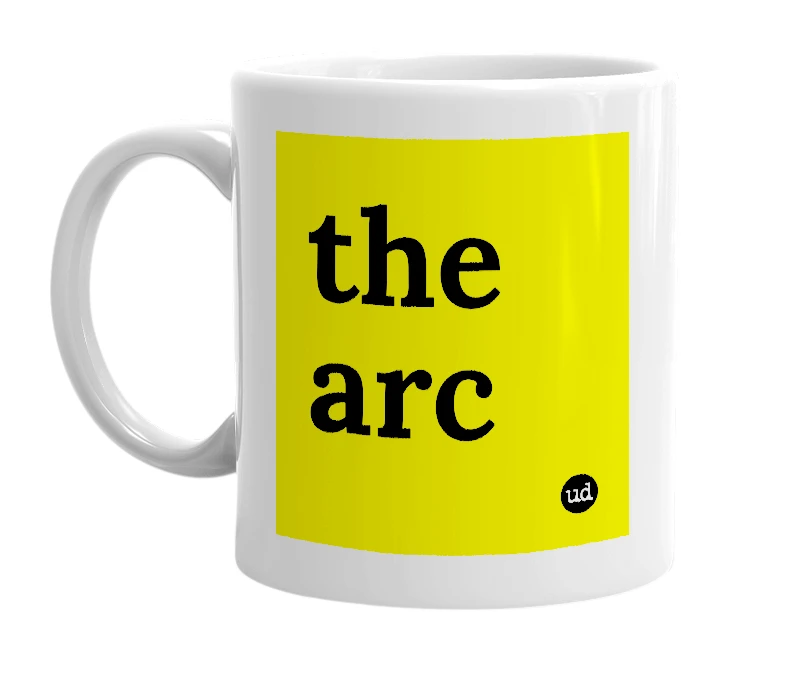 White mug with 'the arc' in bold black letters