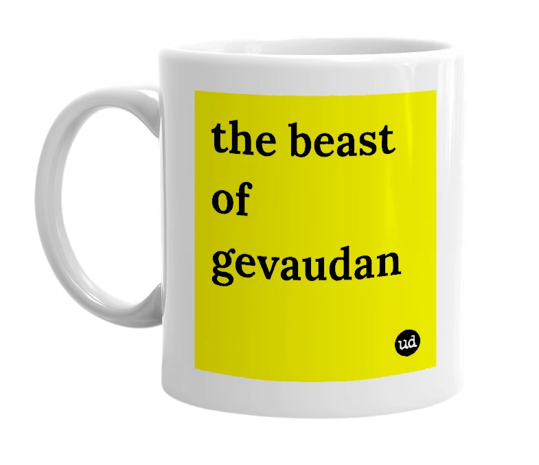 White mug with 'the beast of gevaudan' in bold black letters