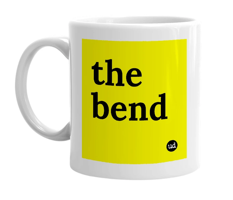 White mug with 'the bend' in bold black letters