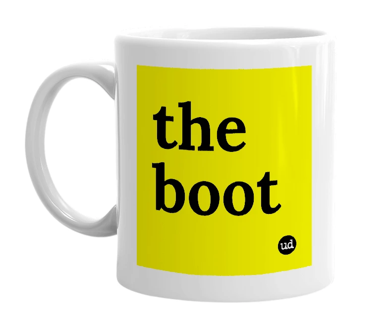 White mug with 'the boot' in bold black letters