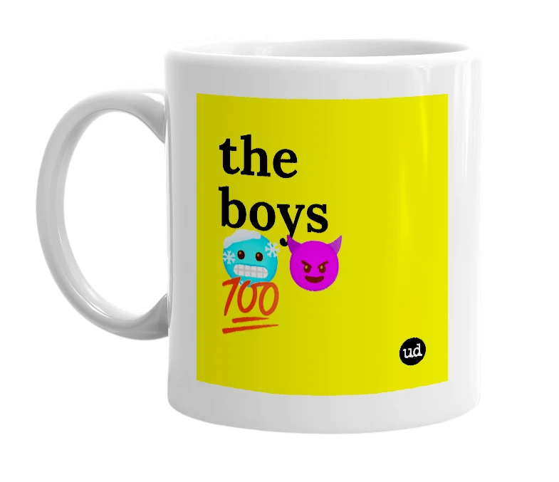 White mug with 'the boys 🥶😈💯' in bold black letters