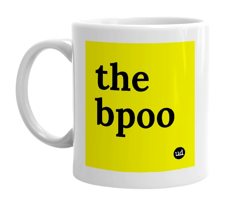 White mug with 'the bpoo' in bold black letters