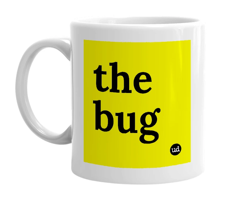 White mug with 'the bug' in bold black letters