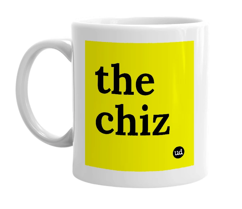 White mug with 'the chiz' in bold black letters