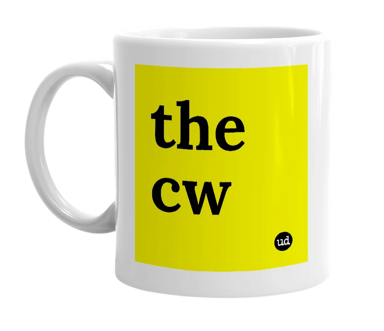 White mug with 'the cw' in bold black letters