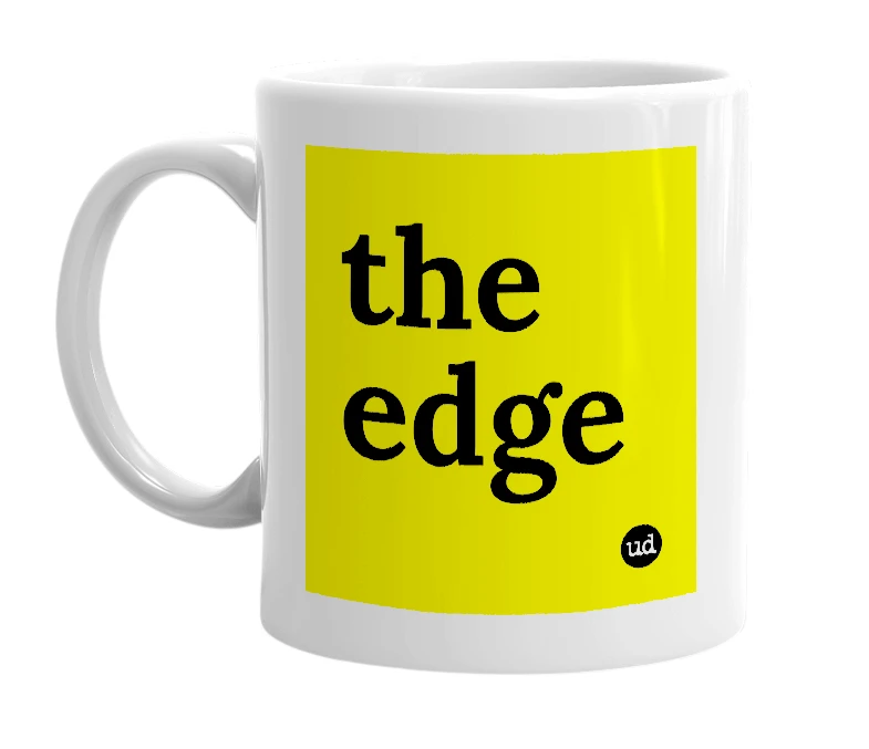 White mug with 'the edge' in bold black letters
