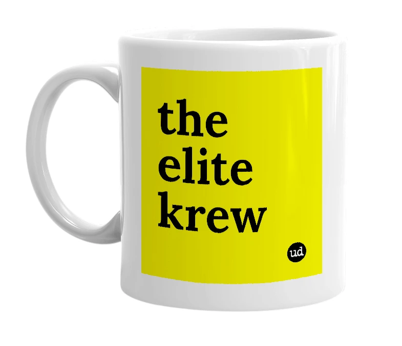 White mug with 'the elite krew' in bold black letters