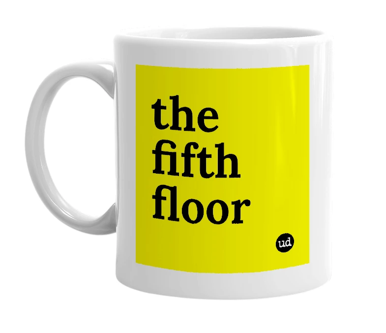 White mug with 'the fifth floor' in bold black letters