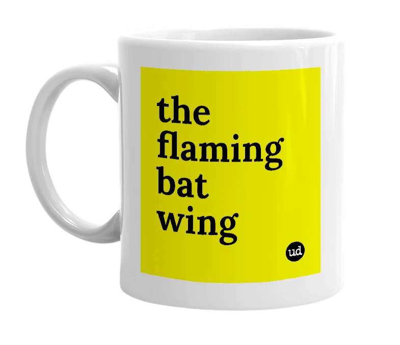 White mug with 'the flaming bat wing' in bold black letters