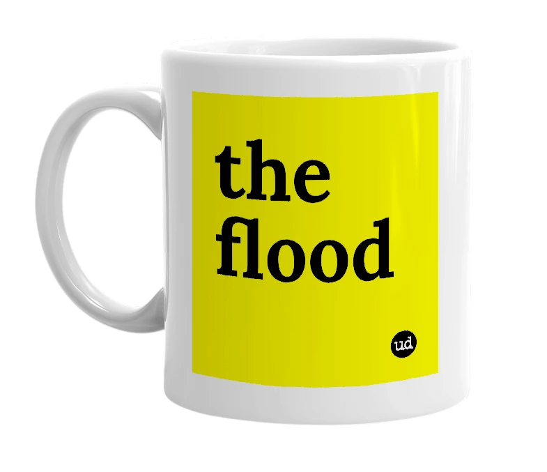 White mug with 'the flood' in bold black letters