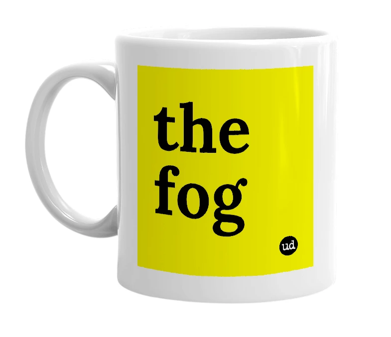 White mug with 'the fog' in bold black letters