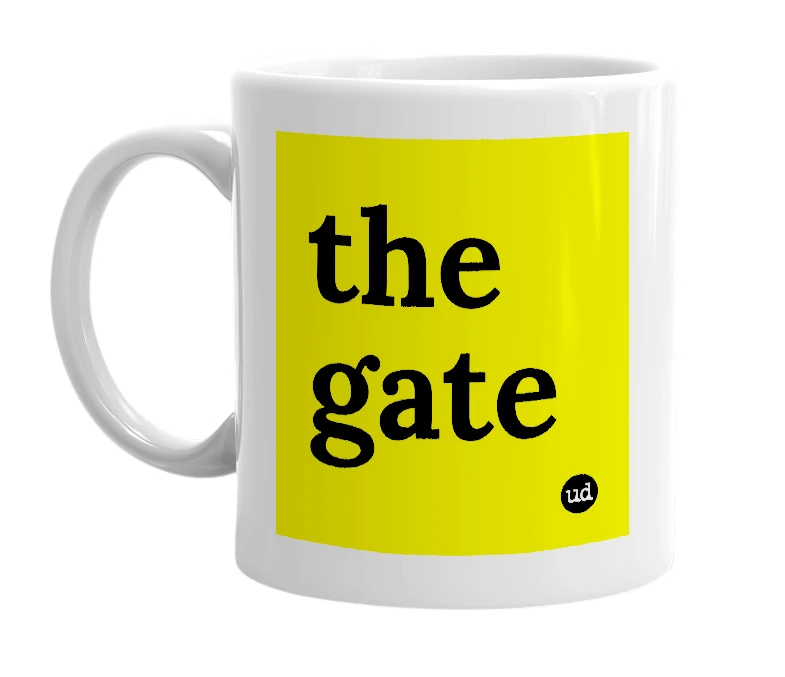 White mug with 'the gate' in bold black letters