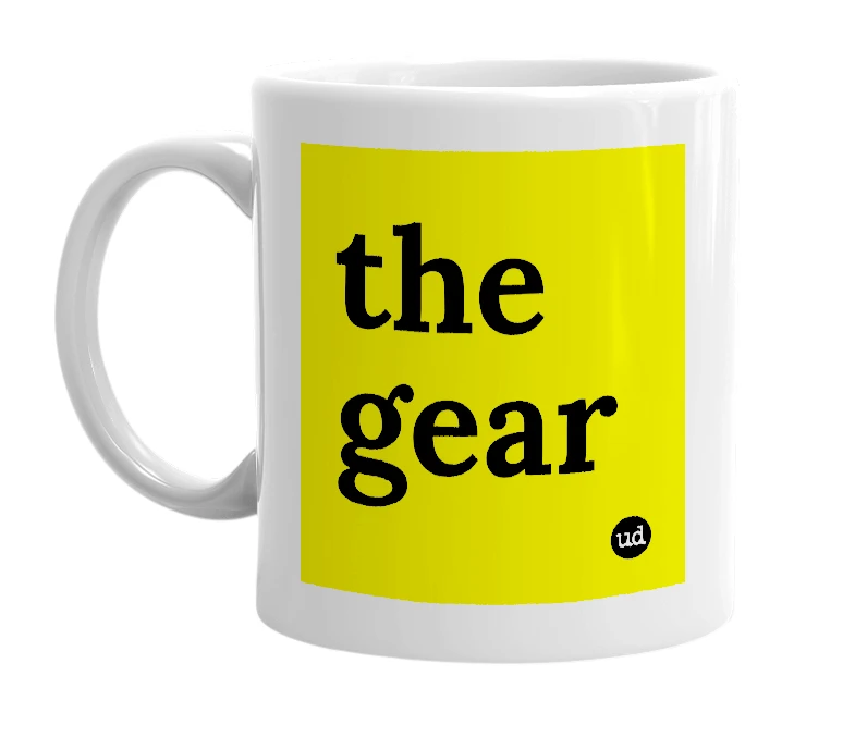 White mug with 'the gear' in bold black letters