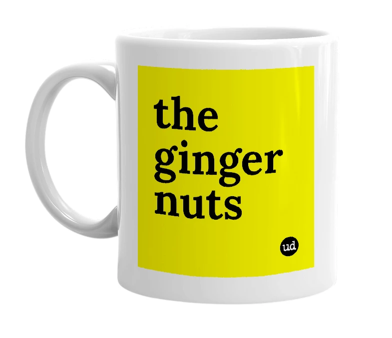 White mug with 'the ginger nuts' in bold black letters