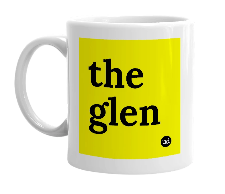 White mug with 'the glen' in bold black letters