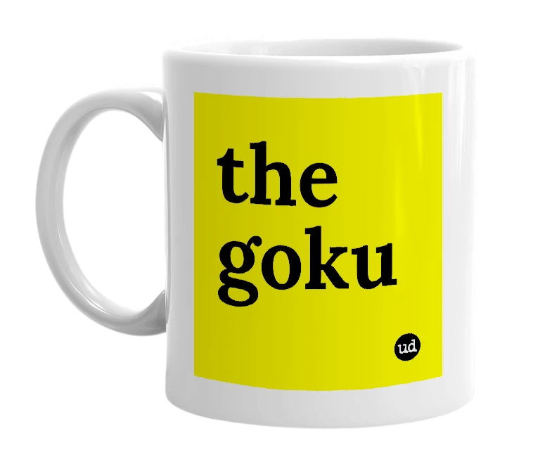 White mug with 'the goku' in bold black letters