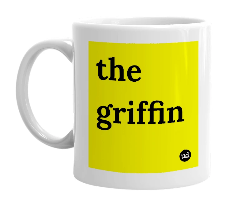 White mug with 'the griffin' in bold black letters