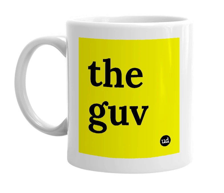 White mug with 'the guv' in bold black letters