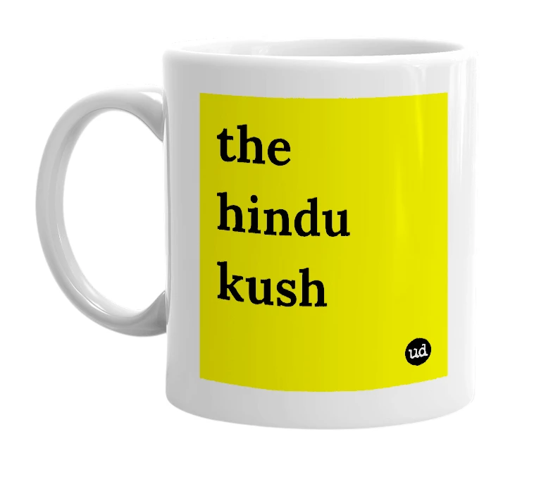 White mug with 'the hindu kush' in bold black letters