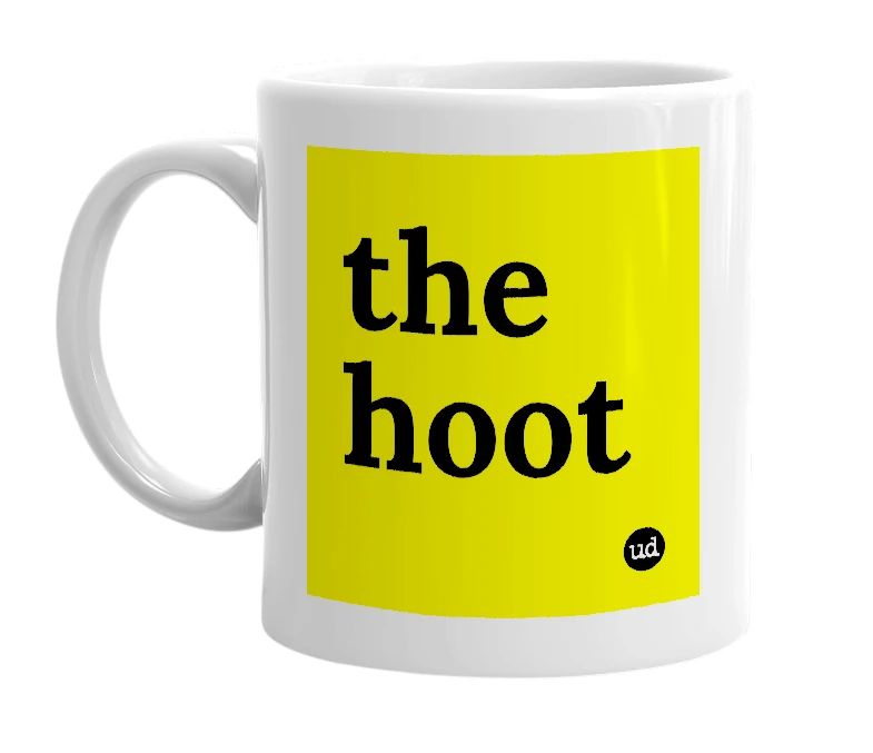 White mug with 'the hoot' in bold black letters