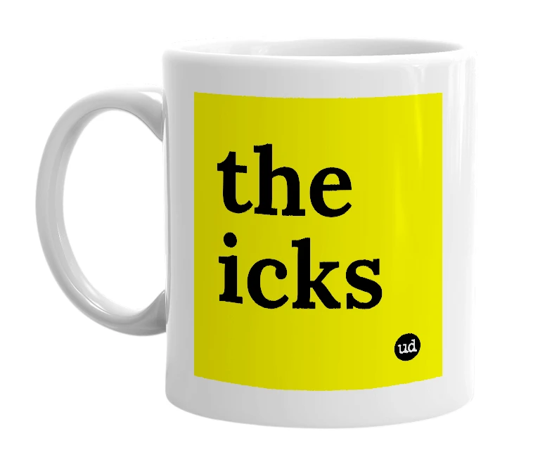 White mug with 'the icks' in bold black letters