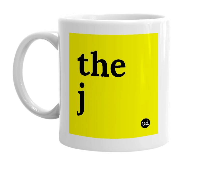 White mug with 'the j' in bold black letters