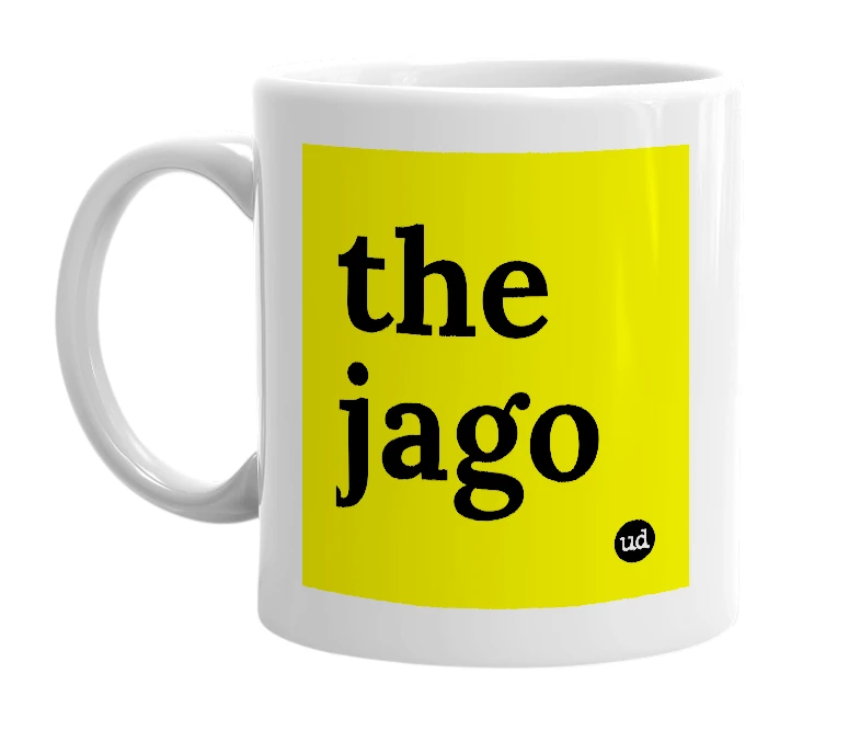 White mug with 'the jago' in bold black letters