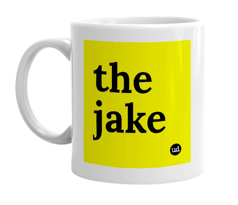 White mug with 'the jake' in bold black letters